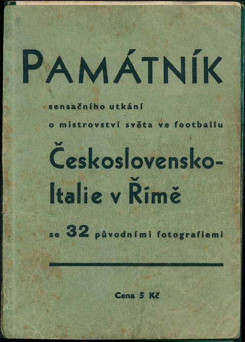 FIFA Football World Cup 1934 Report - FIFA Football World Cup 1934 Report "Pamatnik sensacniho utkáni o mistrovstvi sveta ve footballu Ceskoslovensko - Italie v Rime." 64 pages, 16x11 cm, cardboard, 32 black and white photos, Prague 1934. Very rare Czech book about the 1934 FIFA World Cup in Italy with 32 full page photos and all lineups. Condition: C