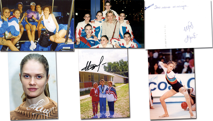 Rhythmischen Sportgymnastik OSS1996  | Bronzemedaille Rhythmischen Sportgymnastik Mannschaft für Rußland bei den Olympischen Spielen 1996. 6 original Signaturen: Jewgenija Botschkarjowa; Irina Dsjuba (Sehr selten!); Julija Iwanowa + Jelena Kriwoschei (Zusammen Rückseite Farbfoto); Angelina Juschkowa; Olga Schtyrenko. 5 Farbfotos, 15x10 cm bis 13x9 cm.  Komplettes Team.