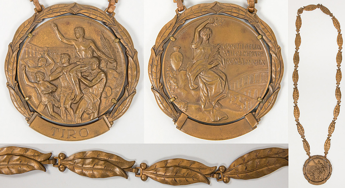 Siegermedaille 1960  | Siegermedaille für einen 3.Platz im Schießen bei den Olympischen Sommerspielen Rom 1960. Bronze, 5,4 cm  mit Bronzekette und Bronzemedaillion mit Gravur "TIRO" (Schießen).