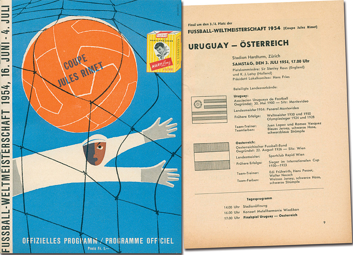 Programm WM 1954  | Fussball-Weltmeisterschaft 1954, 3.Juli 1954. Spiel um Platz 3:  Uruguay - Österreich in Zürich. (1:3).