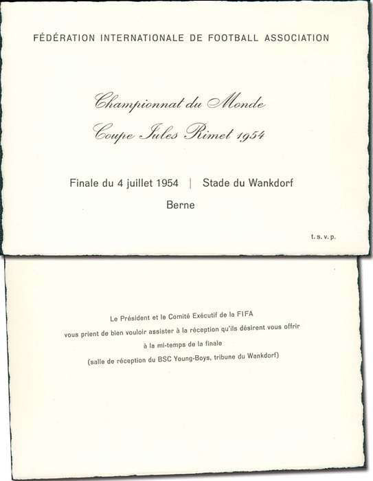  - World Cup 1954 ticket: Final in Bern, July 4, 1954, (Germany - Hungary 3:2). 1954 Jules Rimet World Cup. Cardboard, 15 x 10.5 cm. --A very rare ticket from the 1954 FIFA World Cup final in Bern for members of the FIFA Executive Committee. On the back, an invitation for the ticket holder to enjoy a refreshment during halftime in the "BSC Young Boys" room in the Wankdorf grandstand. This ticket comes from the estate of a former FIFA Executive Committee member from 1954. A truly exceptional rarity! Condition: A
