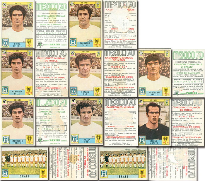  - World Cup 1970. 10x Sticker Israel: Mexico 70. IX World Football Championship, May 31 - June 21. 10 original single photos from this album, all of the Israel national team, cardboard. Each 7.5 x 5.5 cm. --These are original pictures from 1970!!! All pictures with paper residue on the back ..3 images are duplicated Condition: B