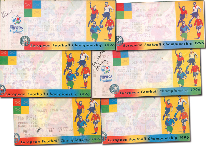 Eintrittskarte EM1996  | 6 Eintrittskarten mit allen Spielen der deutschen Nationalmanschaft bei der UEFA Euro 1996 in England: 1) D - Tschechien 9.6. 2) D - Russland 16.6. 3) D - Italien 19.6. 4) 1/4-Finale D - Kroatien 5) Halbfinale D - England. 6) Final Deutschland - Tschechien, 14x7,5 cm.