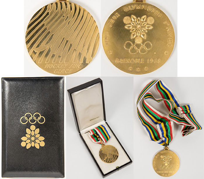  - Winner's medal for first place in ice hockey for the USSR at the 1968 Winter Olympics in Grenoble. Inscribed "Hockey sur Glace." Gold-plated silver (6 cm, weight 122 grams) with silk ribbon in the original case. Condition: A