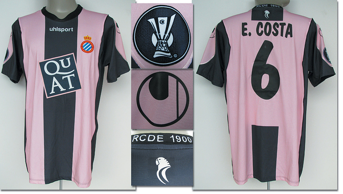  - Original match-worn/issued shirt from RCD Espanyol Barcelona (Spain) with the number 6. Worn by Eduardo Costa (substitute) on May 3, 2007, in a Europa League match against Werder Bremen. Bremen - Barcelona 1:2. Jersey supplied directly by a former Werder Bremen kit manager. Status: AAA --Away short-sleeved jersey; size XL; flocked club emblem; rubberized uhlsport logo and 'QuAT' advertising print; rubberized back number and player name; 'RCDE 1900' lettering embroidered on the back of the collar; with EL Trophy patch; uhlsport. Jersey comes from the collection of the former Werder Bremen kit manager, who received this shirt after the game! Condition: A