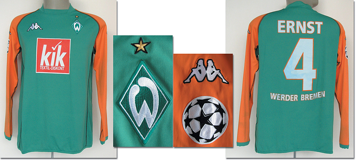 Bremen, Werder - Trikot 2004  | Original match worn Spielertrikot von Werder Bremen mit der Rückennummer 4. Getragen von Fabian Ernst in einem Champions-League-Spiel in der Saison 2004/2005. Trikot direkt von einem ehemaligen Zeugwart von Werder Bremen. Status:ABA.