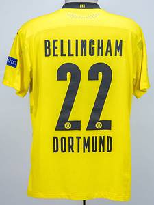  - Original match-issued Borussia Dortmund number 22 jersey. Designed for Jude Bellingham in UEFA Champions League matches during the 2020/2021 season. Bellingham was not used and is a 38-time England capper. Status: ABC --Short-sleeved jersey with button placket; size L; rubberized club logo, two Champions League stars, and Puma logos; rubberized 'evonik' advertising print; rubberized back number, player name, and 'Dortmund' lettering; laser-engraved ventilation holes; 'BVB' lettering embroidered on the back of the collar; with Champions League Starball patch and UEFA Respect patch; Puma DryCell. Condition: A - Bild 3