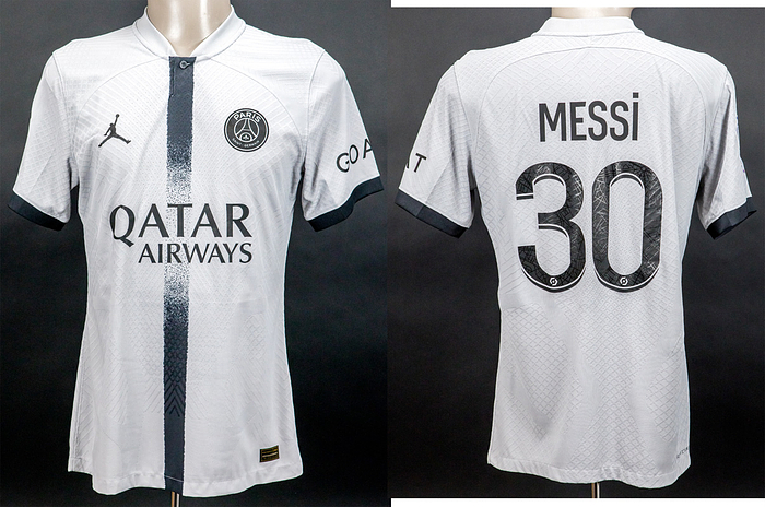  - Original match-worn/issued shirt from Paris Saint-Germain (PSG)  with the number 30. Worn by Lionel Messi in a French Ligue 1 match during the 2022/2023 season. Messi is the 2022 FIFA World Cup winner with Argentina. Special Michael Jordan jersey. Status: ABC --Short-sleeved jersey with button placket; size M; rubberized club emblem and Michael Jordan logo; rubberized 'Qatar Airways' advertising print; rubberized back number and player name; with Ligue 1 Uber Eats 2022 Champion patch and Goat patch; Nike Dri-Fit ADV. Condition: A