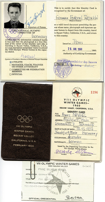Olympic Winter Games 1960 Official ID-Card - Original Olympic ID card for the 1960 Squaw Valley Winter Olympics, "Identity Card 1296," for German figure skater Franz Ningel. With passport photo and original signature, 4-page cardboard cover, 14 x 9 cm. With original gold-embossed plastic sleeve. Includes "Official Credential" (13 x 7 cm). --Franz Ningel finished fifth in pair skating in 1960. He finished fourth in 1956. Condition: B