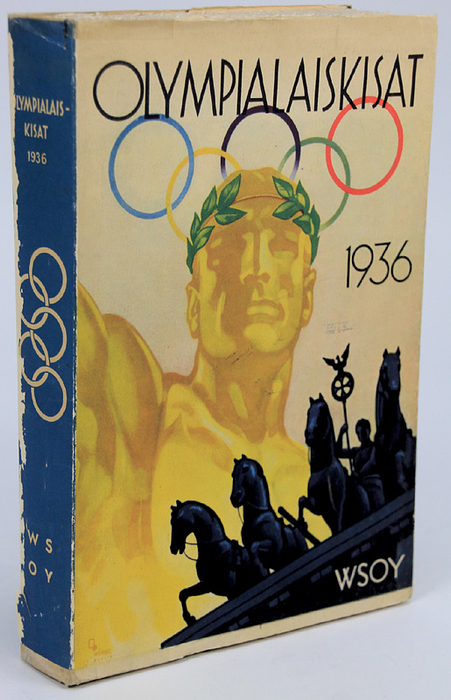  - Olympic Games 1936. Rare Report from Finlande: Santala - Olympialaiskisat Garmisch-Partenkirchenissä ja Berliinissä 1936. Suomen Voimistelu- ja urheiluliiton julkaisema. 400 pages, 17x23 cm, cardboard, approx. 200 black and white photos, Söderström, Provoo 1937. --A very rare book in Finnish about the 1936 Summer and Winter Olympics. The images, some of which are very rare, primarily depict Finnish athletes at the 1936 Games. A very rare edition with the usually missing colored dust jacket! -- Dust jacket rubbed Condition: C
