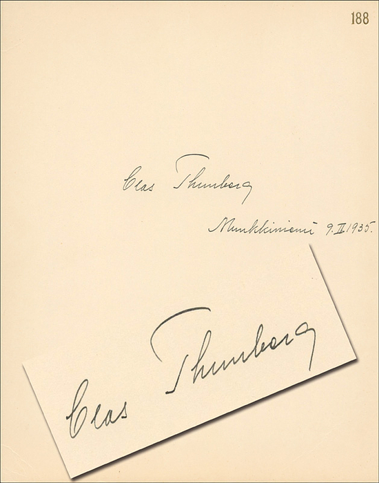  - Autogaph Olympic Games  1924 - 1928: (1893-1973) Blank signature of Clas Thunberg (FIN) in ink on cardboard. Dated: 9 February 1935. Won 5 gold, 1 silver and 1 bronze medals in speed skating at the 1924-1928 Olympic Games. 26 x 20.5 cm Condition: A