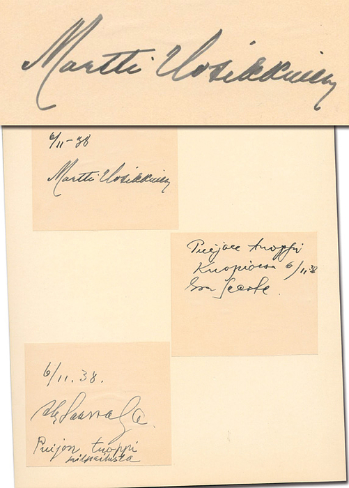 Sorry, no english description is available. ...  -  Condition: A.....Alle Unterschriften sind datiert "6 / 11 - 1938" und wurden Kuopio während der "Puijon Tuoppi" (lokaler Wettkampf in Finnland) gegeben.