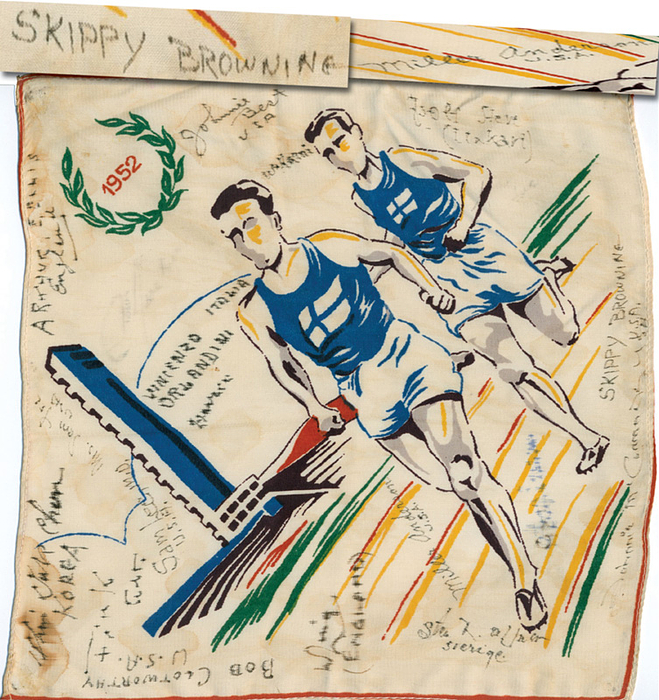 Sorry, no english description is available. ...  -  Condition: B-.....Aufgrund des Seidenstoffes sind einige Unterschriften nur in Druchschrift erfolgt. All Unterschriften wurden während der Olympiade 1952 gesammelt und in Tinte geschrieben.