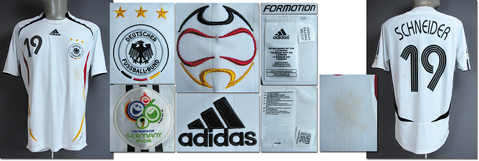 World Cup 2006 match worn football shirt Germany - Original match worn shirt Germany with number 19. Worn by Bernd Schneider in a World Cup match 2006. Schneider was runner-up champion with Germany in 2002 Status: ABC. Short sleeved shirt; size approx. M; embroedered adidas emblem, three World Champion stars and adidas emblem; gummed name and number (front and rear); shirt shows signs of wear and tear (soiled, bad spots on tag); FIFA World Cup Germany 2006 patch; adidas formotion. Condition: A-