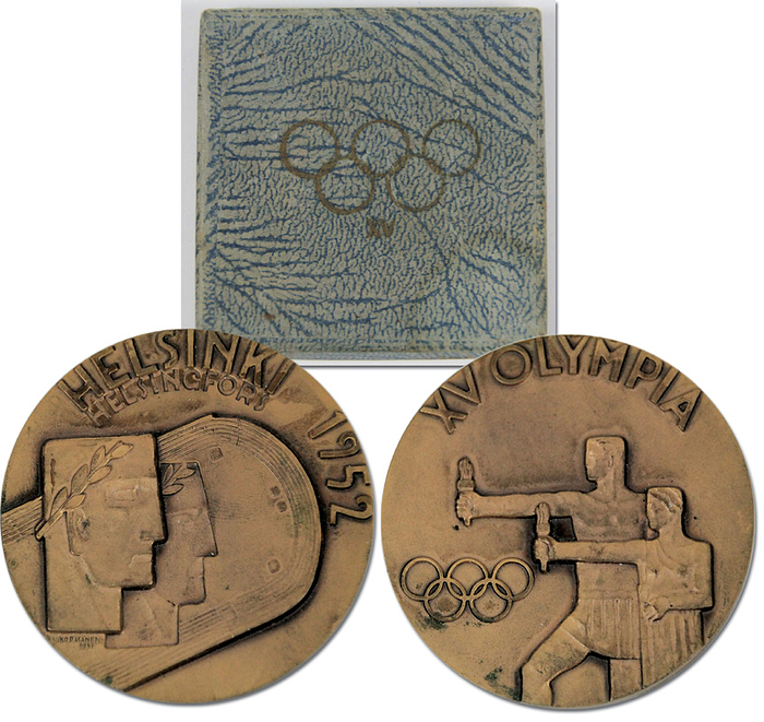 Olympic Games 1952. Participation Medal Helsinki - Bronze, size 5.4 cm,  with relief Olympic Rings and motifs, in original card box. EF. Box in blue colour Condition: A-