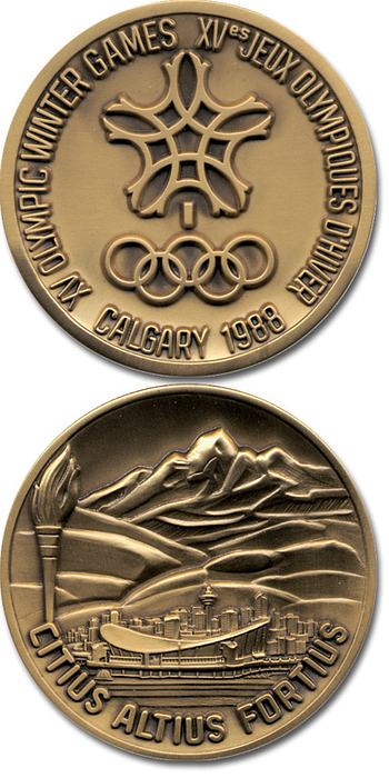  - Participation Medal: Olympic Games Calgary 1988. „XI Olympic Winter Games Calgary 1988“. Bronze, 6.4 cm. Condition: A