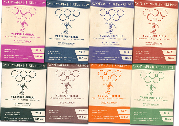 Programm OSS1952  | XV Olympia Helsinki 1952. Alle 8 Tagesprogramme Leichtatheltik vom 20.7  bis 27.7.  Kompletter Satz