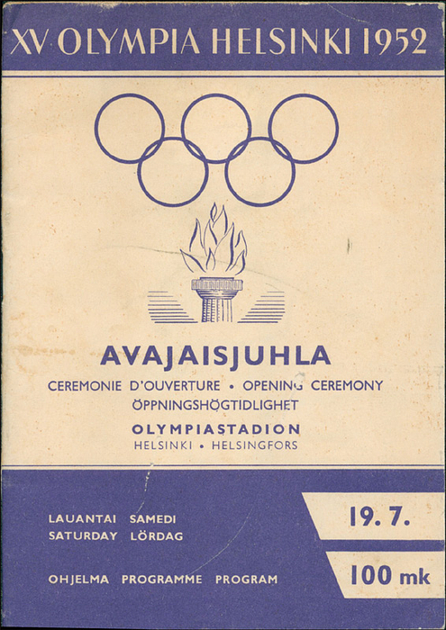 Olympic Games 1952. Programm Opening ceremony Hel - 1952 Helsinki. 36pages, size 13x19 cm. (FINNISH/ENG/FRENCH). -inside no handwritten note Condition: C