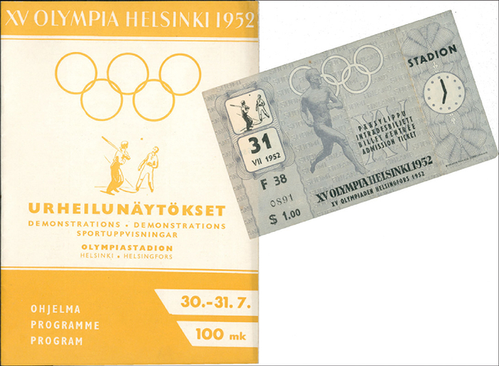  - Olympic Games 1952. Programme + ticket  Demonstrations Competition: XV Olympia Helsinki 1952. Daily programme  30th - 31st July august 1952. 16 pages, size14.5x21 cm. (FINISH/FRENCH/ENGLISH). And complete ticket Condition: C