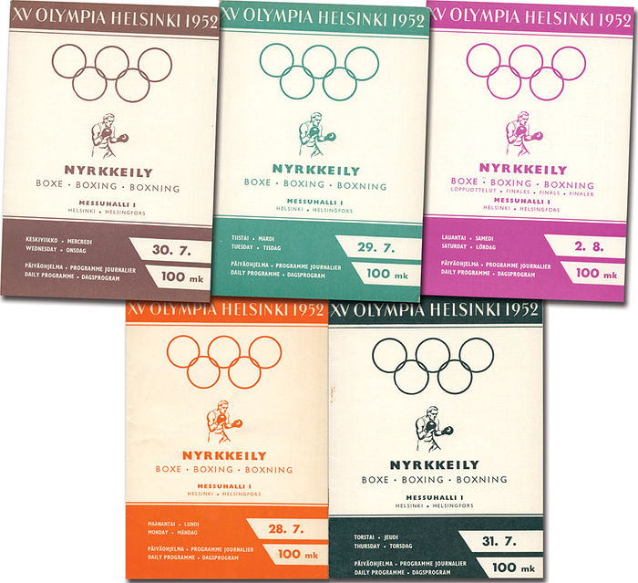 Programm OSS1952  | XV Olympia Helsinki 1952. 5 Tagesprogramme Boxen vom 28.7. bis 2.8.. Komplettes Set!