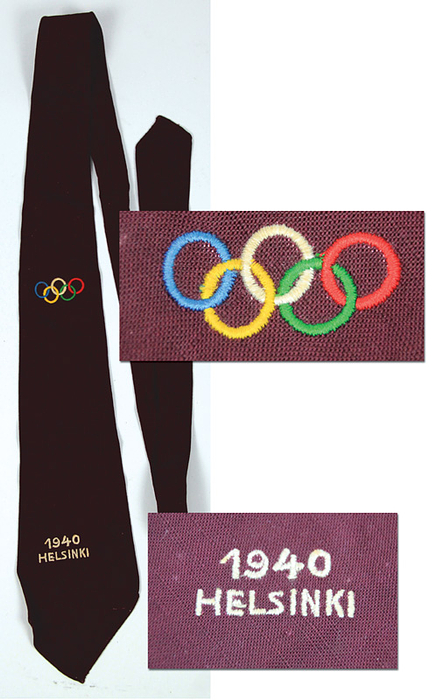 Seidenkrawatte OSS1949  | Krawatte mit Stickereien Olympische Ringe und Schriftzug "Helsinki 1940". Seide, Länge 116 cm breite maximal 8 cm