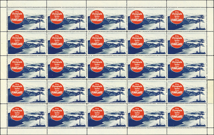  - A complete block of 25 advertising vignettes for the Helsinki 1940 Olympic Games, "The 1940 Olympics to Finland!", in German. 32 x 20.4 cm. ----Einige der weißen Umrandung an der Perforierung eingerissen. Eine lose Condition: A-