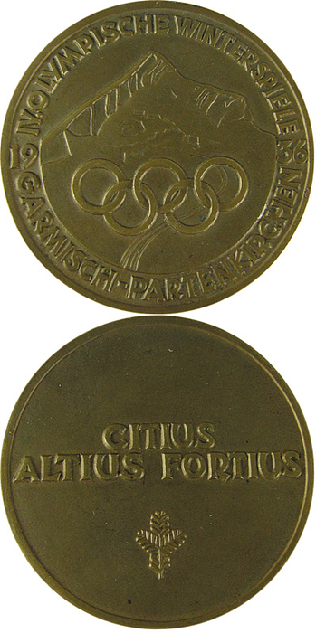 Olympic Winter games 1936. Participation medal - Olympic Winter games 1936. Participation medal from the Olympic Winter Games in Garmisch-Partenkirchen 1936 for athlets and officials . Bronze, 6.1 cm. Extra fine. Condition: A