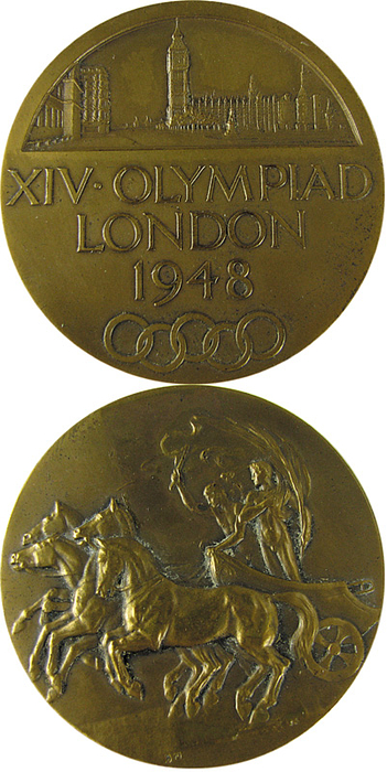 Teilnehmermedaille 1948  | XIV.Olympiad London 1948. Teilnehmermedaille. Bronze.5,1 cm. Seltene Variante ohne "BM" am Rand!