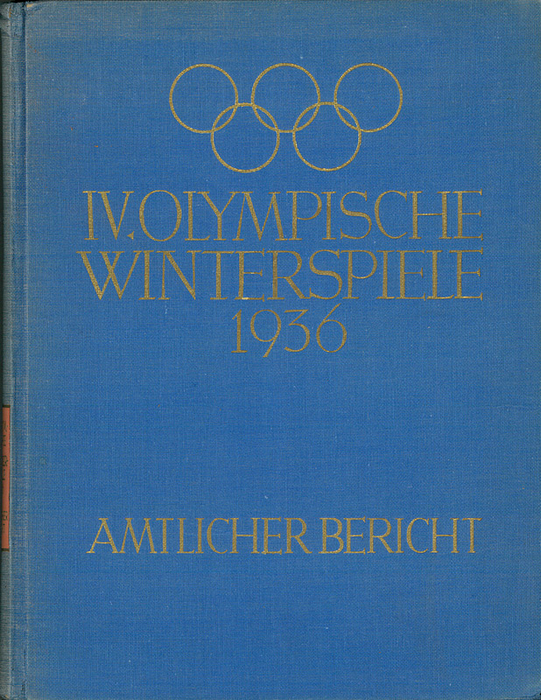  - IV Winter Olympics in Garmisch-Partenkirchen 6-16 February 1936. Official Report, very comprehensive with rare, good quality pictures and photo plates. Size 24x31 cm, cloth bound, 449 pages, 400 b/w pictures. Cover spine bleached;Slight damage to the upper joints; Inside fine copy. (GERMAN). Condition: C+