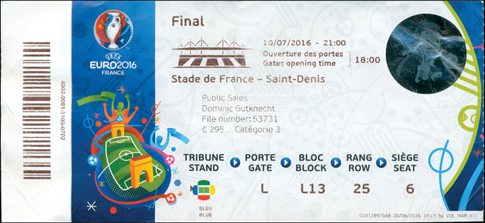 Eintrittskarte EM2016  | Finale Frankreich v Portugal (0:1) am 10.7.2016. Eintrittskarte UEFA EURO 2016. 10,5x8,5 cm.