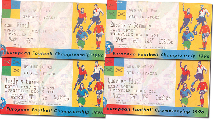 Eintrittskarte EM1996  | 4 Eintrittskarten mit Spielen der deutschen Nationalmanschaft bei der UEFA Euro 1996 in England: 1) D - Russland 16.6. 2) D - Italien 19.6. 3) 1/4-Finale D - Kroatien 4) Halbfinale D - England. 4x7,5 cm.
