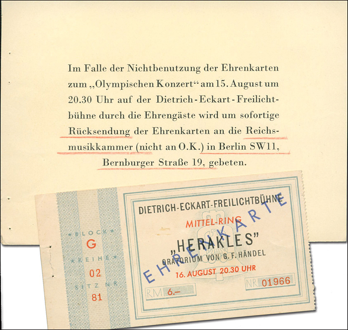  - Official exchange voucher for tickets of honour in case the ticket for August 15th is not used! (15 x 10.5 cm, cardboard). Ticket exchanged for August 16th: admisson ticket "Ticket of honour August 16th, Dietrich Eckart Open-Air Stage. 'Heracles' Oratorio by G.F. Handel." 11.5 x 6 cm --Exchange voucher - a rarity!!! Condition: A-