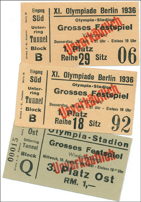 Eintrittskarte OSS1936  | 3 Eintrittskarten für das "Großes Festspiel" Olympia-Stadion, XI. Olympiade Berlin 1936. Offizielle Rahmenveranstaltung der Olymischen Spiele Berlin 1936. veschiedene Gütligskeitstage: 2x 30.7.; 19.8.  Je 9x5 cm.