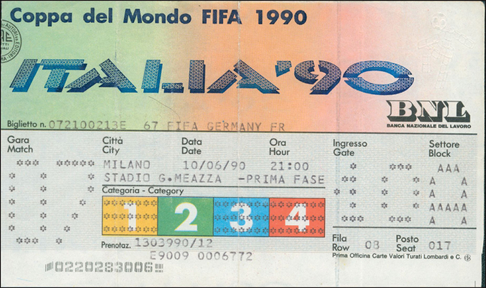 Eintrittskarte WM1990  | Gruppenspiel: Deutschland - Jugoslawien. 10.06.1990 in Mailand. 15,5x9,5  cm.