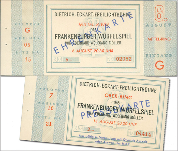 Eintrittskarte OSS1936  | 2 Tickets Frankenburger Würfelspiele: 1) 14.August, 20.30 Uhr Das Frankenburger Würfelspiel. Dietrich-Eckhart-Freilichtbühne.  Pressekarte, 11,5x6 cm. 2) 6.August "Ehrenkarte, 14x6 cm