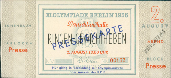  - Olympic games 1936 Very rare ticket Wrestling - Weightlifting at Deutschlandhalle, Berlin on 2nd August 1936, 11m. Presstocket, 13x6 cm. -- adhesive residue on the back. Condition: A-