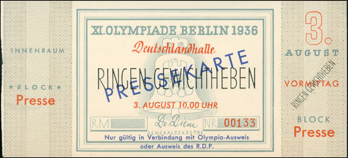 Olympic games 1936 - Olympic games 1936  Very rare ticket Wrestling - Weightlifting at Deutschlandhalle, Berlin on 3rd August 1936, 10am. Pressticket, 13.5x6 cm. Very rare tickets for athletes at the Olympic Games Berlin 1936. Condition: A-