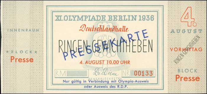 Eintrittskarte OSS1936  | 4. August, Pressekarte Ringen - Gewichtheben, 10.00, Deutschlandhalle, 13,5x6 cm.