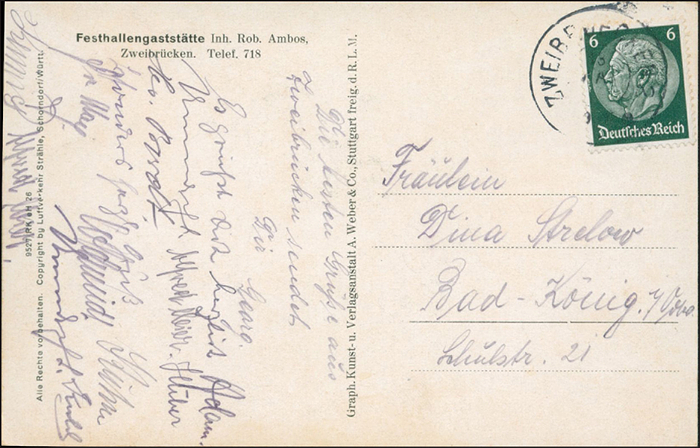 Sorry, no english description is available. ...  -  Condition: B.....Weitere Signaturen von Spielern des SV Darmstadt die 1934 Deutscher Feldhandballmeister wurden. --sehr schöner privater Beleg. Georg Dascher hat an Diana Strelow mehrere Postkarten geschickt, alle mit "Georg" signiert.