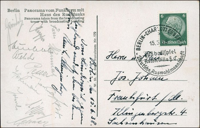 Sorry, no english description is available. ...  -  Condition: B.....Karte wurde von Münzberger am 15.5.1938 geschrieben. Mit Sonderstempel vom Testspiel Deutsche Auswahl v Aston Villa am 15.5.1938!