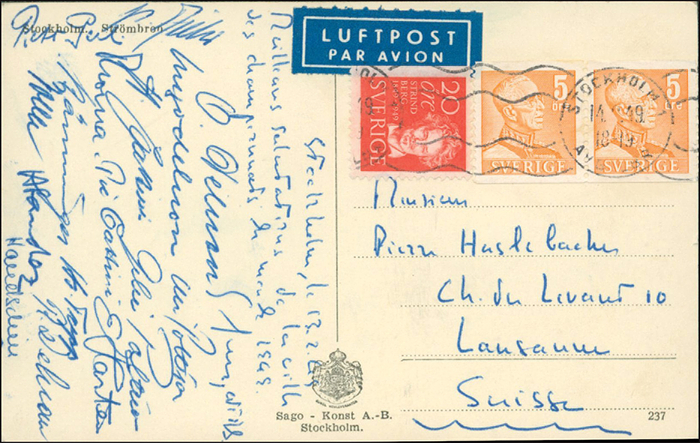 Eishockey OSW 1948 Schweiz  | Postkarte von der Eishockey - Weltmeisterschaft 1949 in Schweden mit 17 original Signaturen der Spieler der Schweiz darunter zahlreiche Spieler die bei den Olympische Winterspiele 1948 eine Bronzemedaille gewannen:  Ferdinand "Pic" Cattini (1916-1969; 1935 Europameister. RARITÄT!); Hans Trepp (1922-1970; Europameister 1950. Rarität); Hans Bänninger (1924-2007; Europameister 1950); Hans "Freddy" Bieler (1923-2013; EM 1950); Heinrich Boller (1921-2017); Hans Cattini (1914-1987; EM 1935; SELTEN);  EM 1950); Emil Handschin (1928-1990; EM 1950);  Reto Perl (1923-1987; SELTEN); Ulrich Poltera(1922-1994; EM 1950); Gebhard Poltera (1923-2008; EM1950); u.a. 15x10 cm