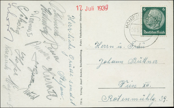 Wien,Rapid 1939  | Postkarte vom 17.7.1939 vom SC Rapid Wien geschrieben von Stefan Skoumal. Mit 13 original Signaturen der Spieler, darunter 8 Spieler des deutschen Fußball Pokalsiegers 1939 (Tschammer - Pokal, nach dem Krieg DFB-Pokal) Rapid Wien, 14x9 cm.