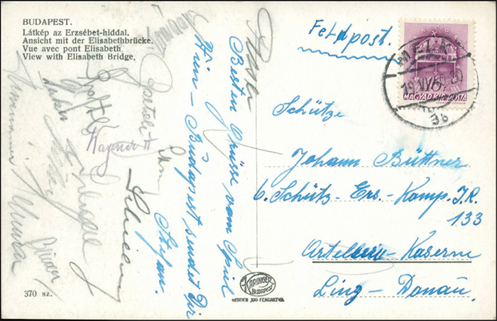 Wien 1940  | Postkarte vom 19.5.1940 vom Spiel Budapest v Wien geschrieben von Stefan Skoumal. Mit 12 original Signaturen der Auswahlspieler aus Wien, 14x9 cm.