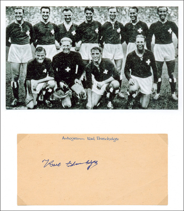 Ehrenbolger,Karl  | (1899-1993) Blancobeleg mit original Signatur von Karl Ehrenbolger (SUI), Silbermedaillen bei den Olympischen Spielen 1924 im Fußball, 14,5x7 cm.