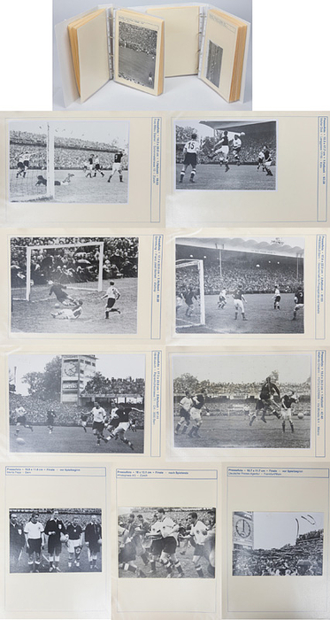 Pressefotosammlung WM 1954  | 81 verschiedene S/W-Pressefotos der Fußball - Weltmeisterschaft 1954 in der Schweiz von Endspiel Deutschland v Ungarn am 4.7.1954 in Bern. Für jedes Foto von den Spielszenen gibt es Angaben zur entsprechenden Spielminute! Alles original Pressefotos von verschiedenen Fotografen und Agenturen. Mannschaftsfotos und Spielszenen. 24,5x18 cm bis 11,5x9,5 cm. Wunderbare Dokumentation. UNIKAT!!!.