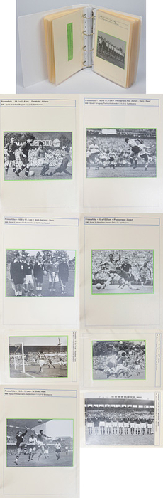  - World Cup 1954: 84 different black and white press photos from the 1954 FIFA World Cup in Switzerland, from the round of 16 to the third-place match. All original press photos from various photographers and agencies. Team photos and match scenes. 24.5x18 cm to 17x12 cm. --All photos were neatly mounted on archival cardboard (each easily removable). A short descriptive text for each photo is included on the front, and additional information about the photos, players, game scenes, and photographers is included on the back of the cardboard. All photos are contained in a single folder. This unique documentation of the 1954 FIFA World Cup is unique! Condition: A-