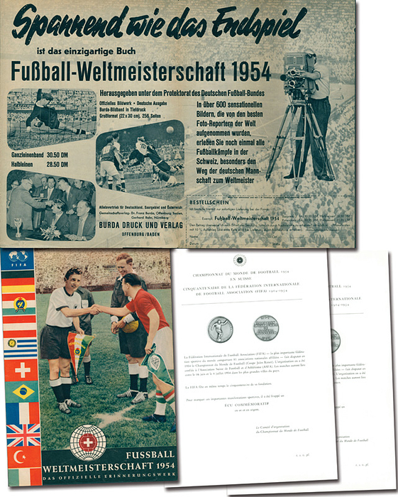Werbeprospekte WM 1954  | Vier Werbeprospekte zur Fußball - Weltmeisterschaft 1954: 1) Zwei Prospekte in französischer Sprache für die offizielle Erinnerungsmedaille des World Cups 1954, doppelseitig bedruckt, 30x20 cm. 2) Doppelseitig bedruckter Werbeprospekt für das "Offizielle Erinnerungswerk" von Gerhard Bahr. 30x20 cm. 3) 4 seitiger Werbeprospekt für das "Offizielle Erinnerungswerk" von Gerhard Bahr. 30x20 cm.