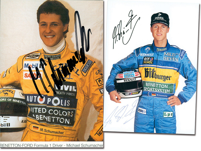 Schumacher, Michael  | Zwei seltene farbige Autogrammkarte "Benetton-Ford" und Bennoton-Dekra" mit Faksimile Unterschrift aus dem Jahre 1992 bzw. 1994 und mit zwei Originalsignatur mit Filzstift des 7-fachen Formel 1-Weltmeisters Michael Schumacher. Je 15x10,5 cm.