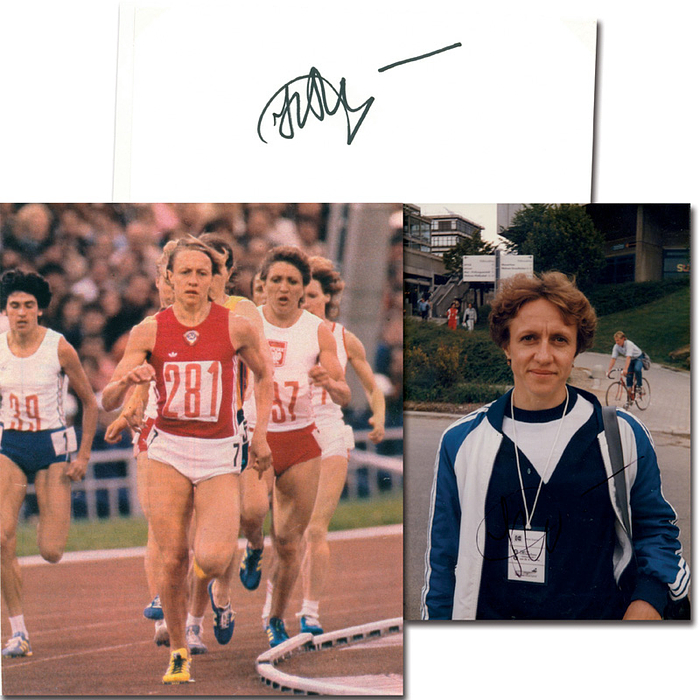 Olizarenko, Nadeshda  | (1953-2017) Farb-Foto (13x9 cm) und Karteikarte (15x10,5 cm) jeweils mit Originalsignatur der Leichtathletik-Olympiasiegerin 1980 Nadeshda Olizarenko (URS). Gold 800 m und Bronze 1500 m.