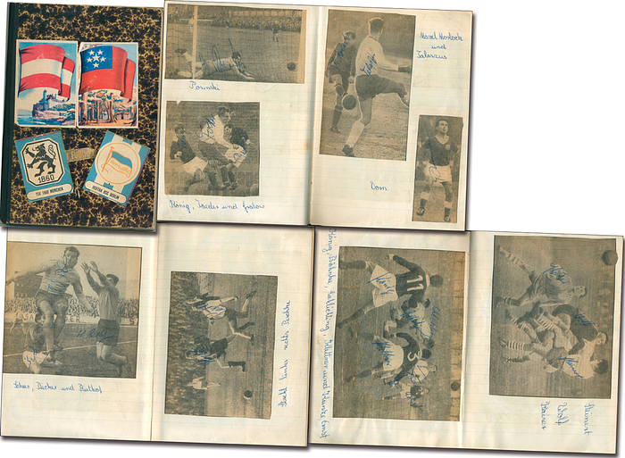 Sorry, no english description is available. ...  -  Condition: C.....Tolles sportgeschichtiches Dokument zum Berliner Fußball mit Signaturen aus der Saison 1960 unter anderem von Hertha BSC (Tillich 1939-1988, Krampitz, Eder) Tennis Borussia (Deinert, Dorn, Scheer, Foit, Steinert), Tasmania (Peschke, Basikow, Posinski, Bäsler, Neumann) und Spieler anderer Regionalliga - Vereine (Seeger, Riethof, Klettner, Adam, Schmiege, Genoske, Knöfel, Zöllner, Kotzan. Viele Unterschriften sind allerdings mehrfach vorhanden.